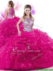 Spectacular Hot Pink Sweet 16 Dress Military Ball and Sweet 16 and Quinceanera and For withRuffles and Pick Ups High-neck Sleeveless Court Train Zipper