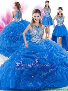 Free and Easy Royal Blue High-neck Neckline Beading and Pick Ups Quinceanera Gown Sleeveless Zipper