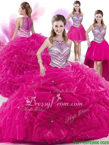 Romantic High-neck Sleeveless Zipper Sweet 16 Dress Hot Pink Organza
