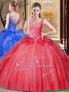 Amazing Red Sleeveless Floor Length Appliques and Sequins and Pick Ups Backless Quinceanera Gowns