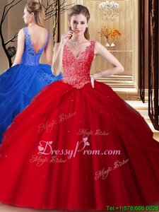 Nice Red V-neck Neckline Appliques and Pick Ups Sweet 16 Quinceanera Dress Sleeveless Backless