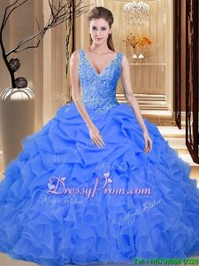 On Sale Sleeveless Floor Length Appliques and Ruffles and Pick Ups Backless Sweet 16 Quinceanera Dress with Royal Blue