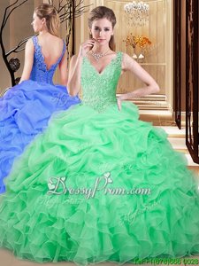 Fancy Floor Length Apple Green Ball Gown Prom Dress Organza Sleeveless Spring and Summer and Fall and Winter Appliques and Embroidery and Pick Ups