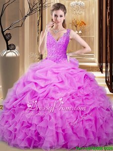 Rose Pink Sleeveless Floor Length Lace and Ruffles and Pick Ups Backless Ball Gown Prom Dress