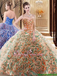 Fabric With Rolling Flowers Sweetheart Sleeveless Brush Train Lace Up Embroidery and Ruffles Quinceanera Gowns inMulti-color