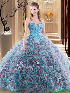 Sleeveless Brush Train Embroidery and Ruffles Lace Up Quince Ball Gowns
