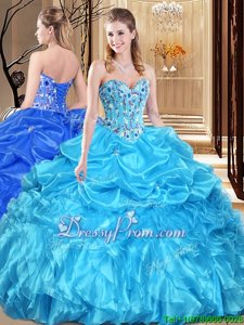 Clearance Ball Gowns Quince Ball Gowns Aqua Blue Sweetheart Organza Sleeveless Floor Length Lace Up
