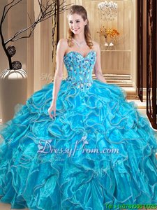 Fantastic Floor Length Ball Gowns Sleeveless Aqua Blue Quinceanera Gown Lace Up