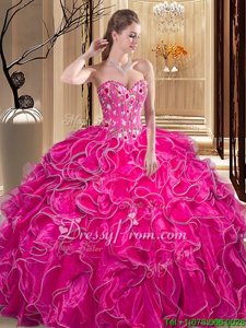 Flirting Sweetheart Sleeveless Quinceanera Dress Floor Length Lace and Appliques Hot Pink Organza