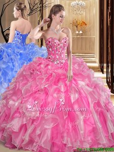 Elegant Rose Pink Ball Gowns Lace and Appliques 15 Quinceanera Dress Lace Up Organza Sleeveless Floor Length