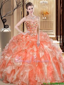 Ideal Orange Ball Gowns Sweetheart Sleeveless Organza Floor Length Lace Up Beading and Ruffles Quinceanera Gown