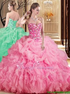 Wonderful Rose Pink Organza Lace Up 15 Quinceanera Dress Sleeveless Floor Length Beading and Ruffles