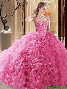 Eye-catching Rose Pink Lace Up Sweetheart Beading and Ruffles Vestidos de Quinceanera Organza Sleeveless
