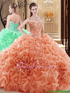 Best Floor Length Orange Quinceanera Gown Organza Sleeveless Spring and Summer and Fall and Winter Beading and Ruffles