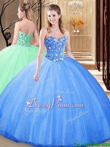 Fashion Tulle Sweetheart Sleeveless Lace Up Beading and Lace Ball Gown Prom Dress inBaby Blue