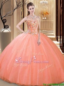 Exceptional Orange Ball Gowns Tulle Sweetheart Sleeveless Beading and Lace Floor Length Lace Up 15 Quinceanera Dress