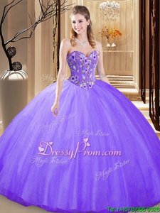 High Class Sleeveless Tulle Floor Length Lace Up Sweet 16 Dress inLavender forSpring and Summer and Fall and Winter withBeading and Lace