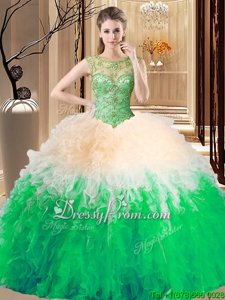 Romantic Apple Green Sleeveless Beading and Ruffles Floor Length 15 Quinceanera Dress