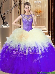 Sexy Lavender High-neck Backless Beading and Ruffles Ball Gown Prom Dress Sleeveless