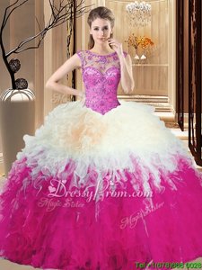 Simple Rose Pink High-neck Backless Beading and Ruffles Quinceanera Dress Sleeveless