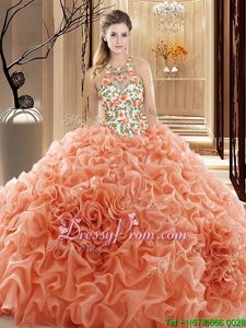 Fantastic Orange Organza Backless 15th Birthday Dress Sleeveless Floor Length Beading and Ruffles