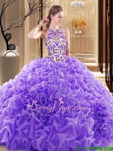 New Style Sleeveless Floor Length Beading and Ruffles Backless Quinceanera Dresses with Lavender