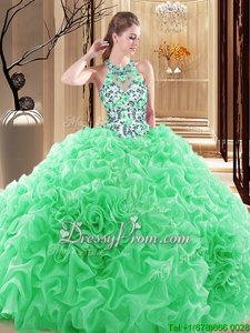 Chic Floor Length Backless Sweet 16 Dress Spring Green and In forProm and Military Ball and Sweet 16 and Quinceanera withBeading and Ruffles