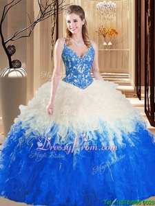 Gorgeous Blue Ball Gowns Organza V-neck Sleeveless Embroidery Floor Length Lace Up 15 Quinceanera Dress