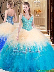 Inexpensive Aqua Blue Lace Up Quinceanera Gown Embroidery and Ruffles Sleeveless Floor Length