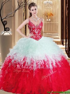 Romantic Spring and Summer and Fall and Winter Organza Sleeveless Floor Length Quinceanera Gowns andAppliques and Ruffles