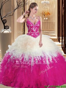 Custom Fit Hot Pink Sleeveless Lace and Appliques Floor Length Ball Gown Prom Dress