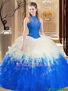 Admirable Royal Blue High-neck Neckline Lace and Appliques and Ruffles Sweet 16 Dress Sleeveless Backless