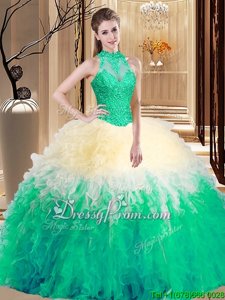 Classical Ball Gowns 15th Birthday Dress Apple Green High-neck Organza Sleeveless Floor Length Backless