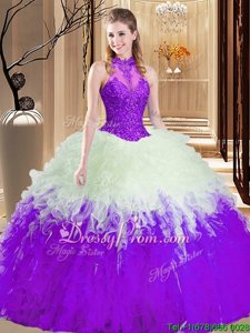 Super Lilac Organza Backless Sweet 16 Quinceanera Dress Sleeveless Floor Length Lace and Appliques and Ruffles