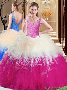 Custom Made Sleeveless Floor Length Appliques and Ruffles Zipper Quinceanera Dress with Rose Pink