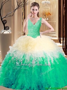 Best White and Apple Green Organza Zipper V-neck Sleeveless Floor Length Quinceanera Gown Appliques and Ruffles