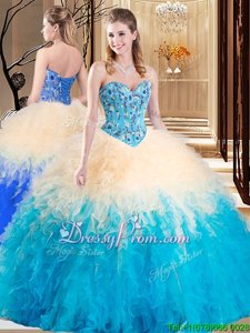 Custom Designed Sweetheart Sleeveless Sweet 16 Dress Floor Length Embroidery and Ruffles Aqua Blue Organza