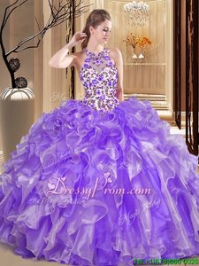 Pretty Sleeveless Floor Length Embroidery and Ruffles Backless Sweet 16 Dress with Lavender