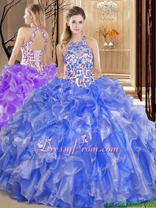 Custom Made Blue Sleeveless Organza Backless Quinceanera Gown forMilitary Ball and Sweet 16 and Quinceanera