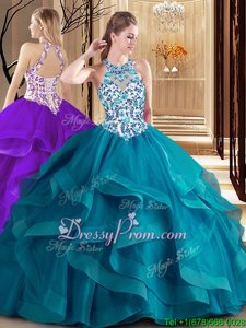 Latest Teal Quinceanera Gown Military Ball and Sweet 16 and Quinceanera and For withEmbroidery and Ruffles Scoop Sleeveless Backless