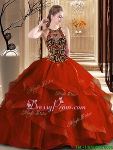 Stunning Watermelon Red Ball Gowns Tulle Scoop Sleeveless Embroidery and Ruffles Floor Length Backless Quinceanera Gowns