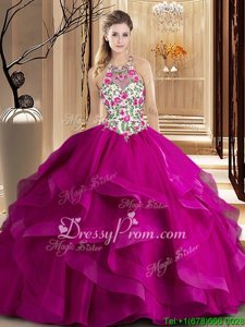 Discount Scoop Sleeveless 15 Quinceanera Dress Floor Length Embroidery and Ruffles Fuchsia Tulle