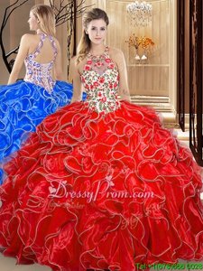 Fashionable Embroidery and Ruffles 15th Birthday Dress Coral Red Backless Sleeveless Floor Length
