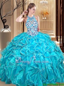 Pretty Turquoise Ball Gowns Scoop Sleeveless Organza Floor Length Backless Embroidery and Ruffles Sweet 16 Dress