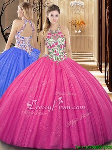 Cute Hot Pink Backless Scoop Embroidery and Sequins Quinceanera Dress Tulle Sleeveless