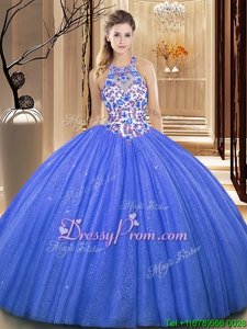Graceful Sleeveless Floor Length Lace and Appliques Lace Up Quinceanera Dresses with Blue