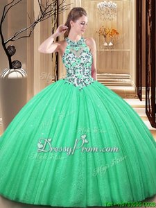 Best Selling Green Ball Gown Prom Dress Military Ball and Sweet 16 and Quinceanera and For withLace and Appliques High-neck Sleeveless Lace Up