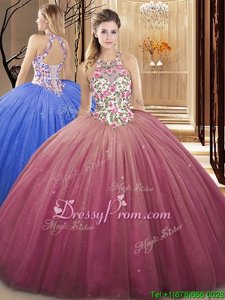 Discount Floor Length Watermelon Red Vestidos de Quinceanera High-neck Sleeveless Lace Up