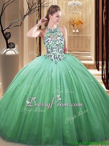 High Class Spring and Summer and Fall and Winter Tulle Sleeveless Floor Length Ball Gown Prom Dress andLace and Appliques