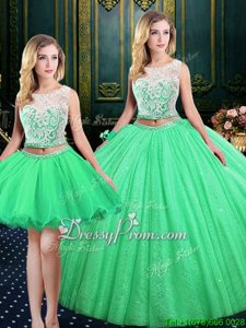 Luxury Spring Green Sleeveless Tulle and Sequined Lace Up 15th Birthday Dress forMilitary Ball and Sweet 16 and Quinceanera